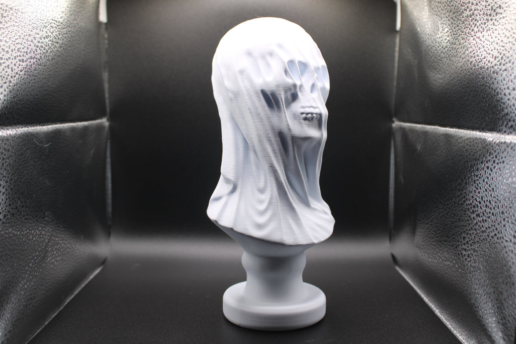 White marble bust of a woman with a veil on a black background